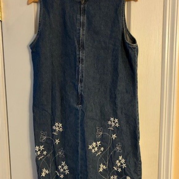 J.L.N.Y. Women's Blue Medium Wash Denim Jean Dress Embroidery Flowers Size L - Picture 3 of 10